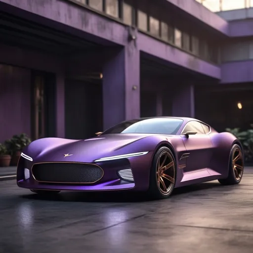 Prompt: Electric sports car concept, matte Dark purple with carbon fiber, Classic car models made retro, simple and elegant bumper model But its shape is like an eagle spreading its wings , The headlights are like an eagle staring sharply, with a typical view of Indonesia