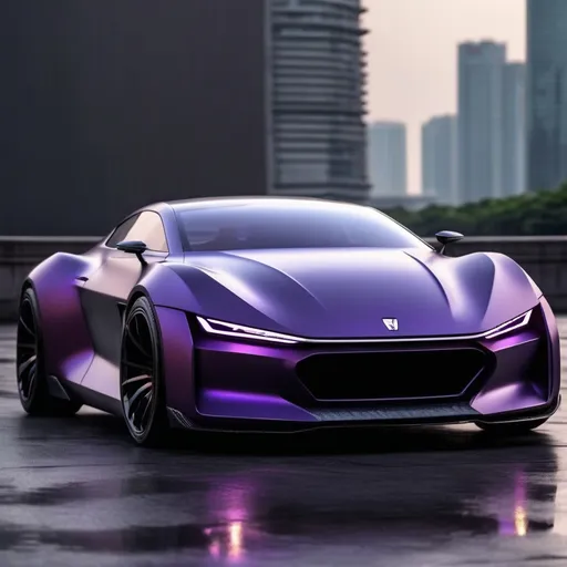 Prompt: Electric sports car concept, matte Dark purple with carbon fiber, simple and elegant bumper model but looks fierce, Headlights look like angry aliens, with a typical view of Indonesia