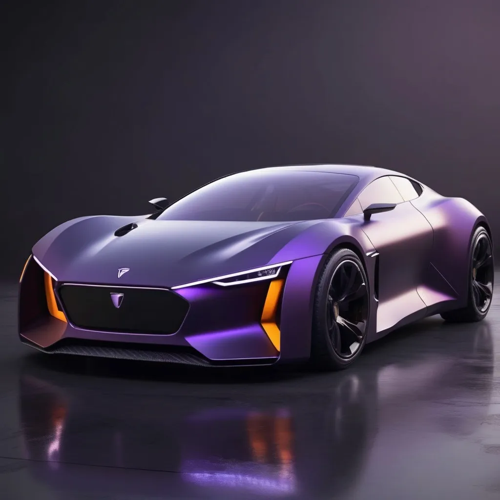 Prompt: Electric sports car concept, matte Dark purple with carbon fiber, simple and elegant bumper model but looks fierce, Headlights like a smiling cat, with a typical view of Indonesia