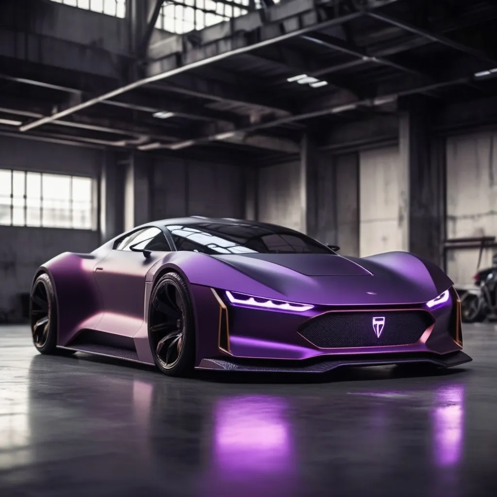 Prompt: Electric sports car concept, matte Dark purple with carbon fiber, simple and elegant bumper model but looks fierce, Headlights look like angry aliens, with a typical view of Indonesia