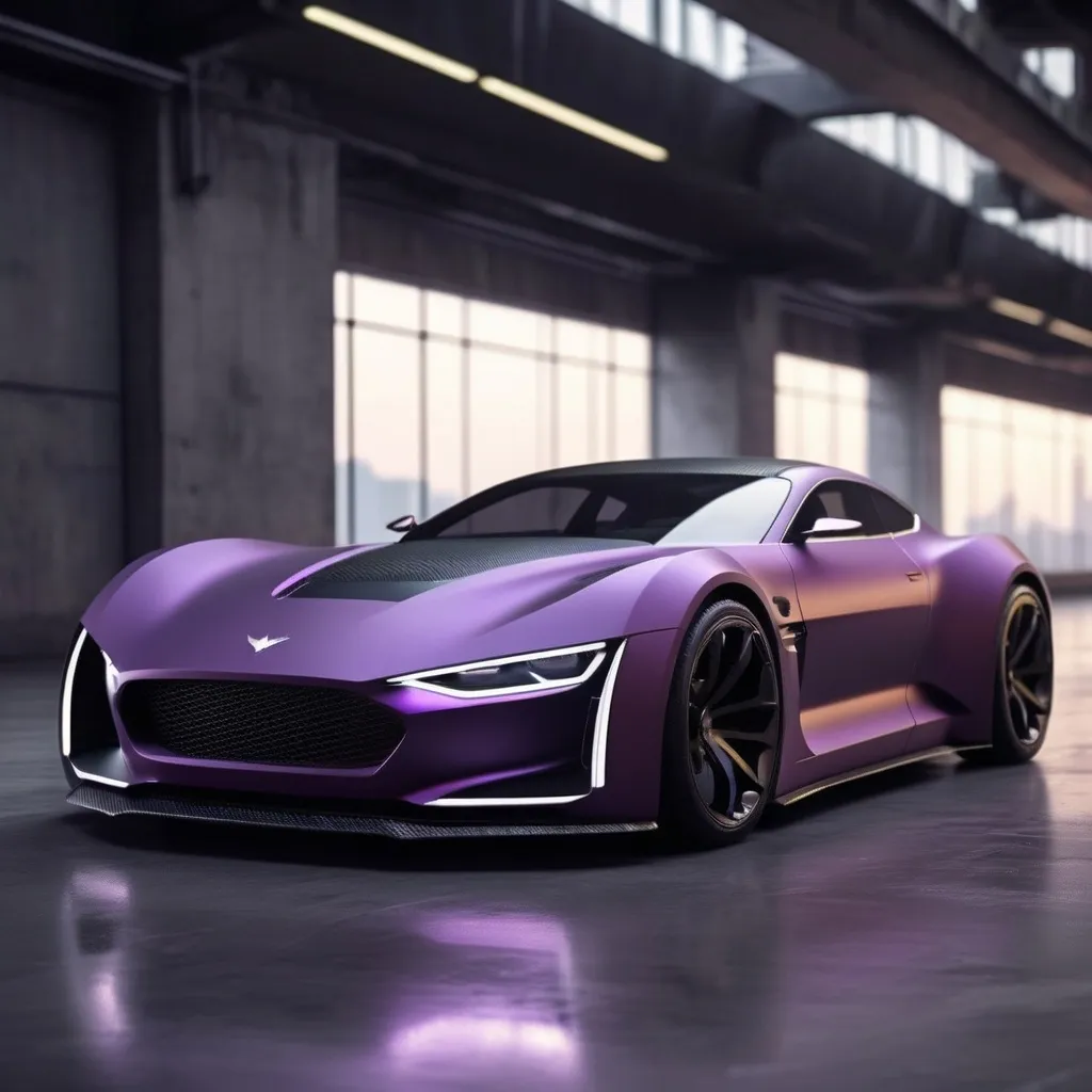 Prompt: Electric sports car concept, matte Dark purple with carbon fiber, simple and elegant bumper model But its shape is like an eagle spreading its wings , The headlights are like an eagle staring sharply, with a typical view of Indonesia