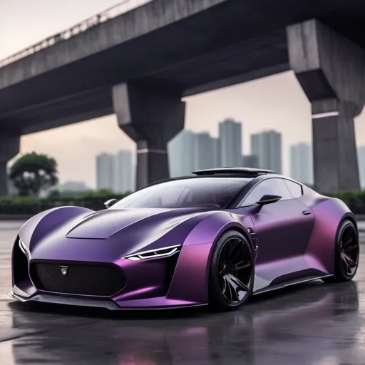 Prompt: Electric sports car concept, matte Dark purple with carbon fiber, simple and elegant bumper model but looks fierce, headlights like an angry shark, with a typical view of Indonesia