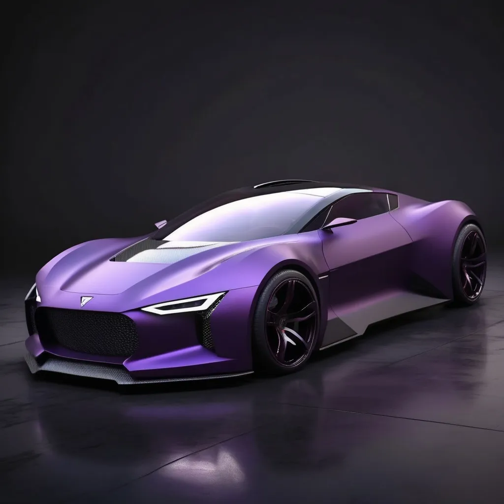 Prompt: Electric sports car concept, matte Dark purple with carbon fiber, simple and elegant bumper model but looks fierce, headlights like an angry shark, with a typical view of Indonesia