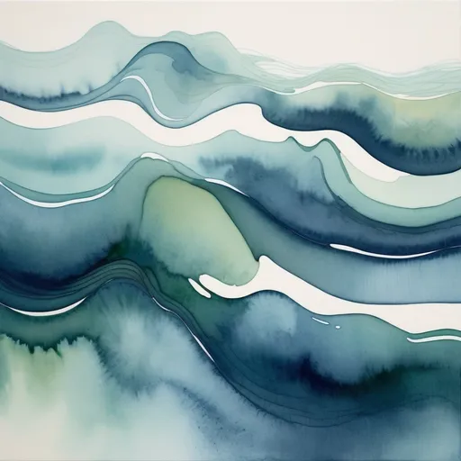 Prompt: An abstract watercolor painting in ocean colors, featuring gentle ripples and fluid waves that convey a sense of calm movement 