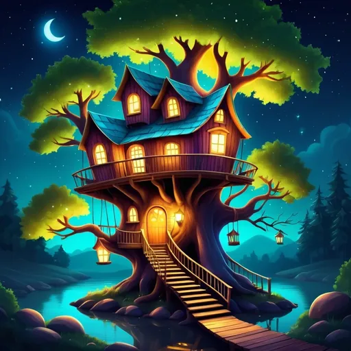 Prompt: Tree house at night, fantasy style, colori brillanti