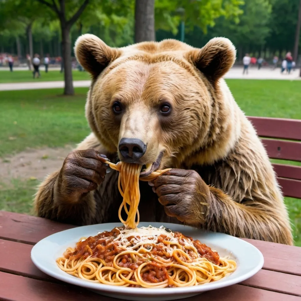 Prompt: a bear eating spaghetti at a park
