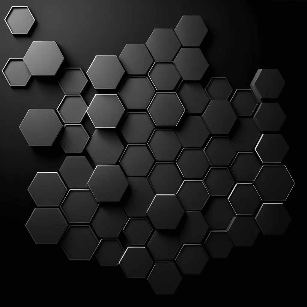 Prompt: a black background with hexagonal shapes and a black background with a black background and a black background with hexagonal shapes, Ai-Mitsu, minimalism, black background, a mosaic