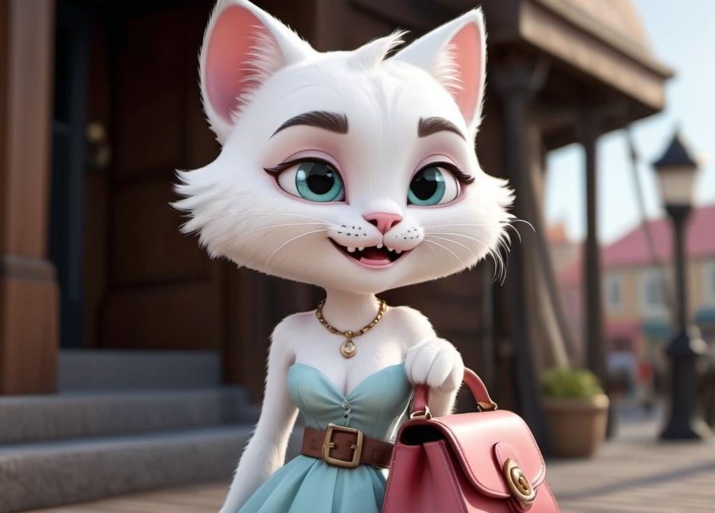 Prompt: Disney pixar character, 3d render style, old pirate evil laugh, cinematic colors Create an anthropomorphic character design of a beautiful cute white cat with a charming and alluring appearance. She should have human-like features with cat ears, whiskers, and a tail. Dress her in a modern, fashionable outfit, such as a stylish dress with a city vibe, accessorized with a cute necklace and a handbag. Her outfit should match a color scheme of pastel pink and white, reflecting her gentle and longing personality.