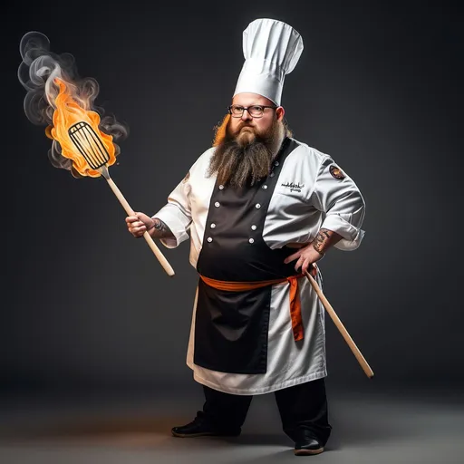 Prompt: 35 year old, Chef wizard with a spatula Quarterstaff