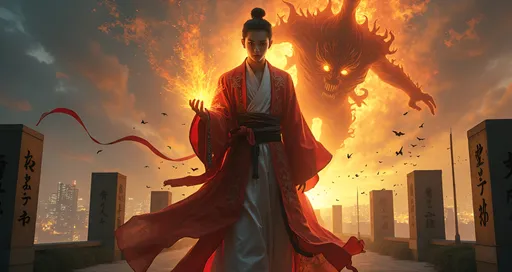 Prompt: "A young male Taoist exorcist from Mao Shan stands confidently on a rooftop in a modern city at night, his long embroidered robes billowing in the wind. He holds a glowing talisman in one hand and a carved peach wood sword in the other. His intense gaze and calm yet fierce expression radiate maturity and hidden power. A vibrant golden light bursts from the talisman, pushing back the darkness. Behind him looms a terrifying demonic entity, its glowing eyes and tendrils of fire and smoke swirling through the air. Evil spirits surround them: ghostly figures, undead generals, a zombie king, and fox demons. Nearby, a glamorous actress hides a ghost child, a vampire princess with crimson eyes floats midair, and a female CEO reveals her true fox-demon form. The rooftop is adorned with ancient stone columns inscribed with mystic calligraphy, creating an aura of timeless conflict.
Style: dark fantasy, urban supernatural, cinematic lighting, Chinese mystic horror, richly detailed, epic and atmospheric, clearly a young adult male protagonist."