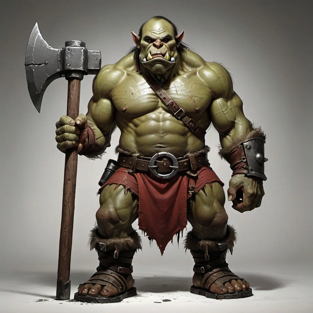 Prompt: Large green Orc with large hammer and red hand on face