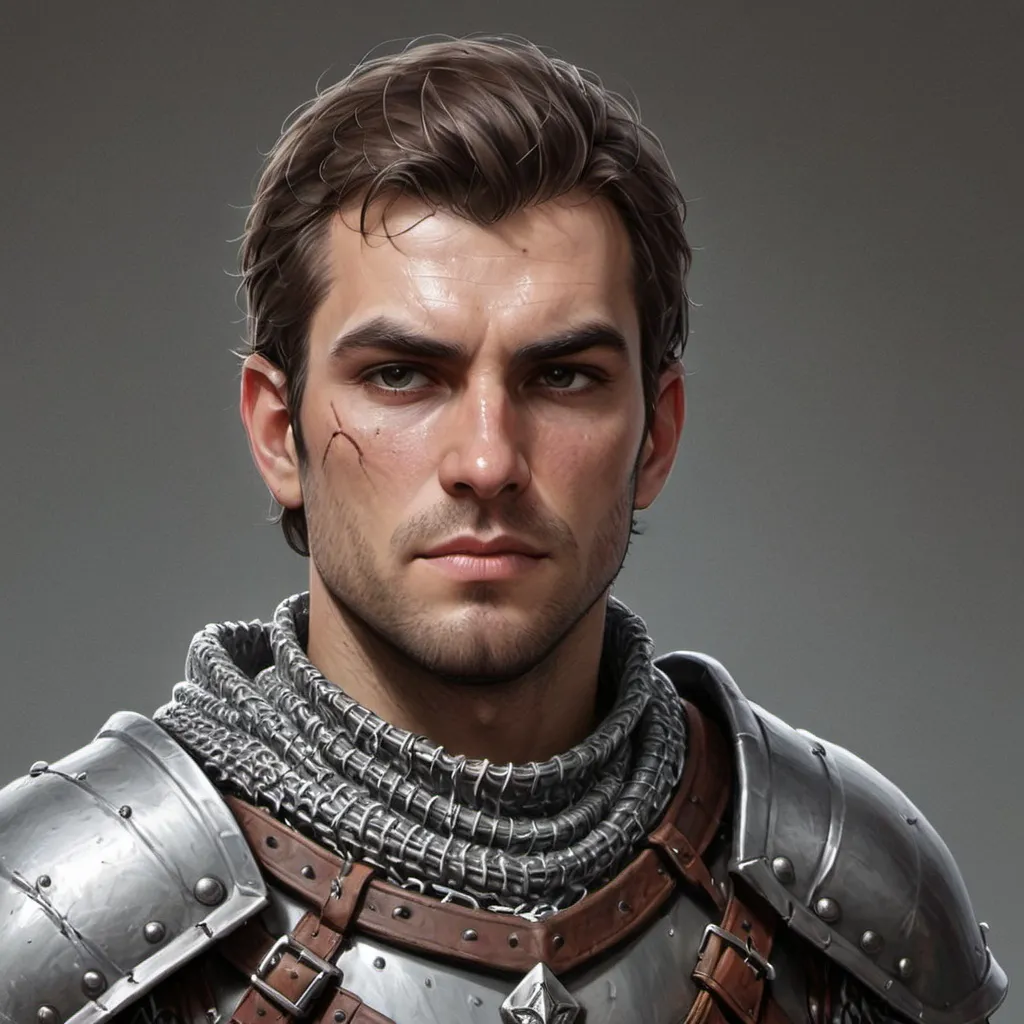 Prompt: Male human chainmail armor face has a scar and stubble on face dnd style
