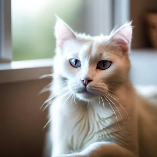 Prompt: a friendly looking white cat in a home