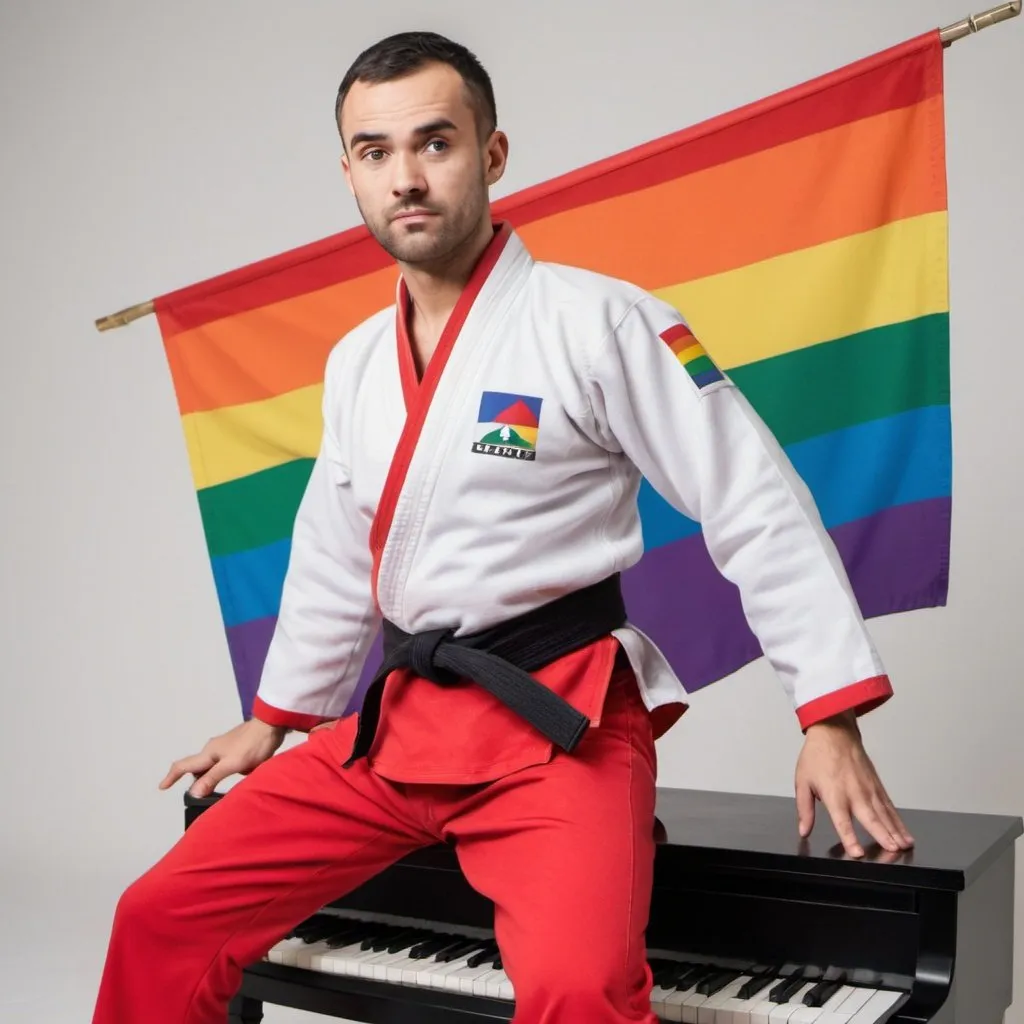 Prompt: Man idiot face in judo costume is playing piano, behind man red black flags, costume belt im rainbow colors