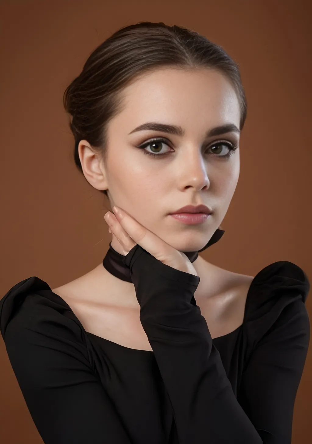 Prompt: a woman with her hands on her chin and a black elegant black dress, aestheticism, rounded eyes, a character portrait, brown color background