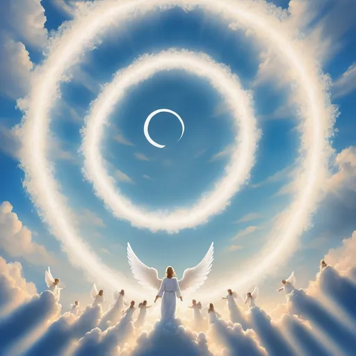 Prompt: Angels going up to the sky in rows and the sky is blue full of white clouds and there is a big circle of light the angels are flying to it