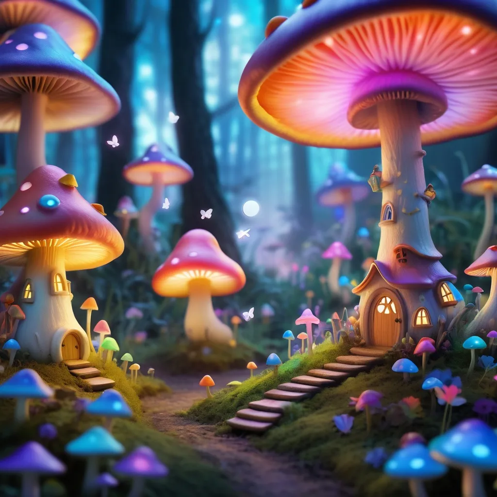Prompt: Enchanted forest clearing with a tiny, glowing fairy village nestled inside colorful mushrooms, fireflies floating through the air, soft pastel sky overhead, whimsical and serene, like a scene from a bedtime story –ar 4:3 –v 6.1
