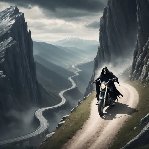 Prompt: The grim Reaper standing on a mountain pass. Below is a regular man on a motorcycle climbing the path towards the grim reaper