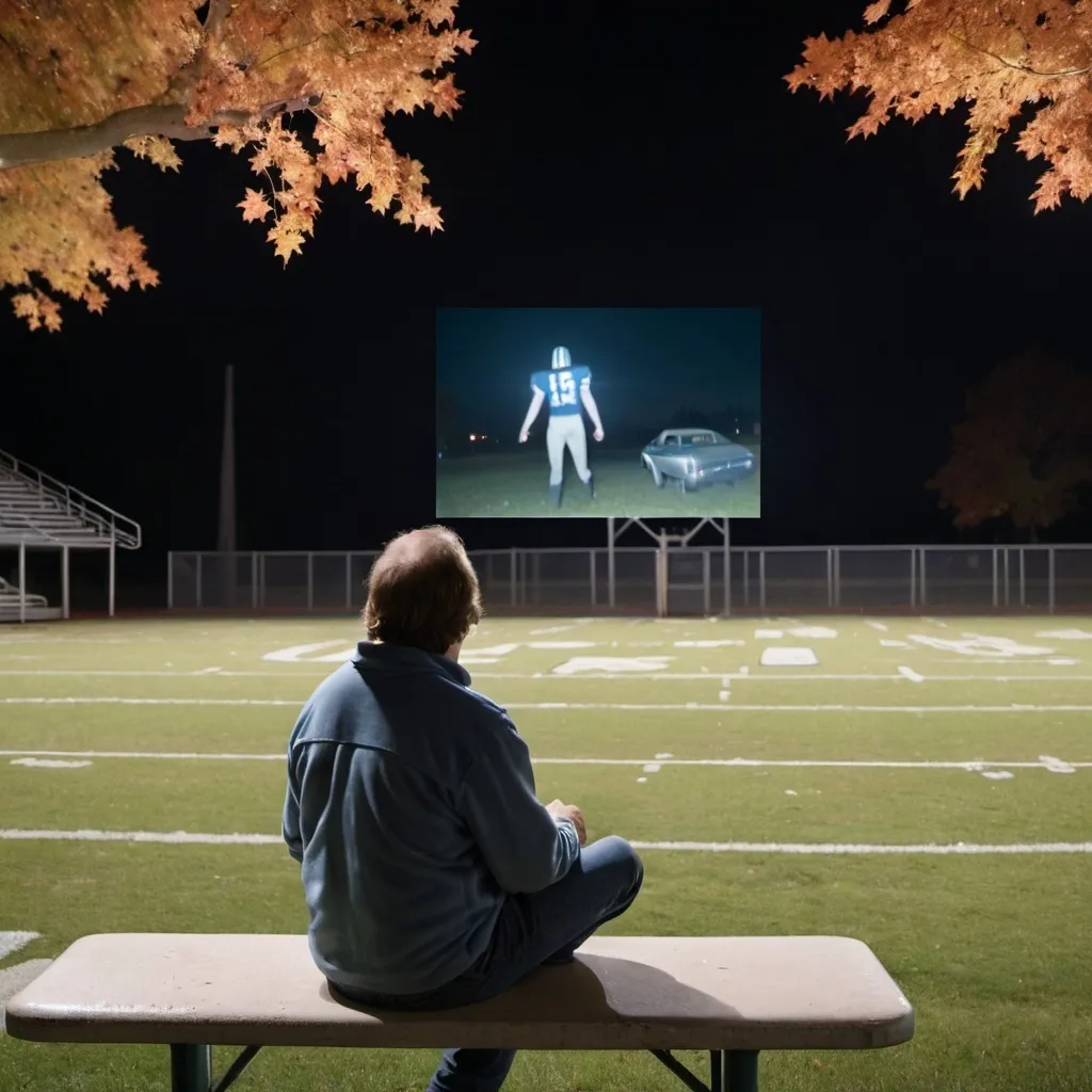 Prompt: A middle-aged man, from the back, sitting on the corner of the bleachers overlooking an empty football field behind a high school. It is night and there is leaves falling from the maple trees surrounding the field and blowing across it. in front of him is a ghost, a translucent figure of a pretty teenage cheerleader, in the parking lot behind him the ghost, a translucent image of a 1971 Ford Torino car, and  in the distant the ghost, a translucent image of a bonfire football game rally