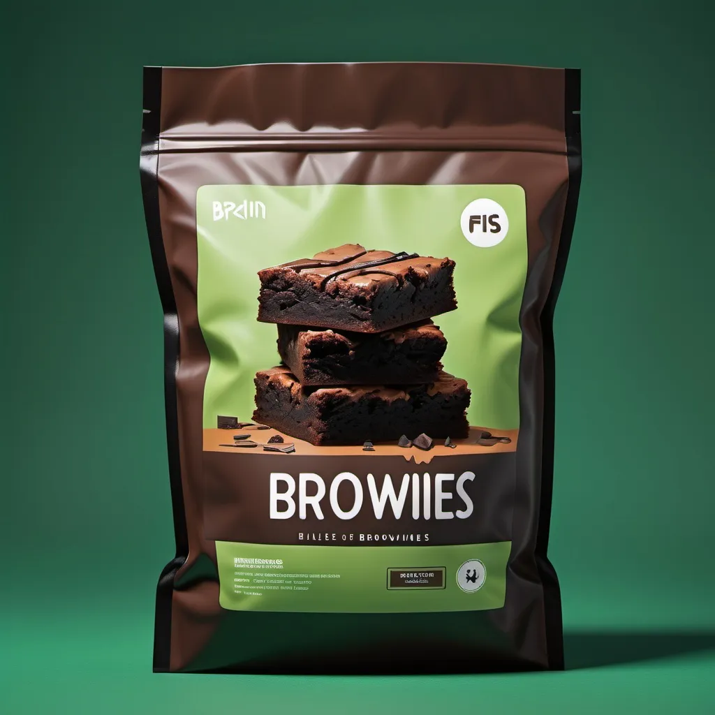 Prompt: a bag of brownies with a brown substance on top of it and a green background with a black border, Brian Fies, afrofuturism, product photo, concept art