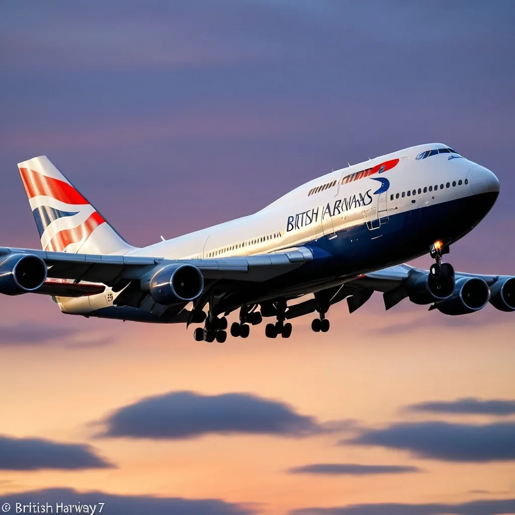 Prompt: British airways Boeing 747 flight dusk