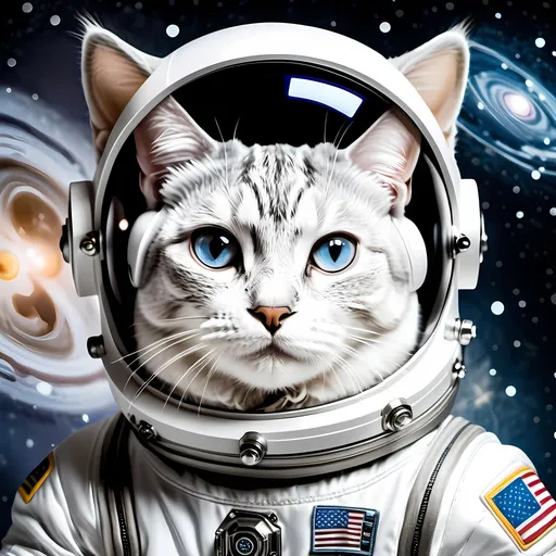 Prompt: Create an image of a cat wearing a detailed astronaut spacesuit. The cat has sleek, short fur and large, expressive eyes, with small ears peeking out from the helmet. The spacesuit is high-tech and futuristic, with white and silver colors, and a transparent helmet visor showing the cat's face. The background should show a vast space scene with stars, galaxies, and a distant planet. The cat is floating weightlessly, looking curious and adventurous.