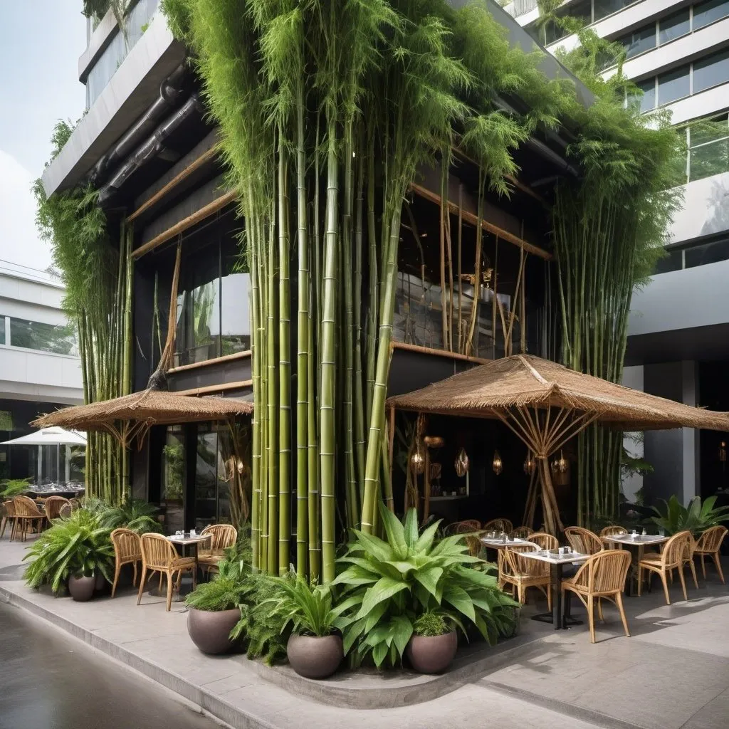 Prompt: futuristic restaurant  exterior with plants and bamboo trees heavy 
decorations