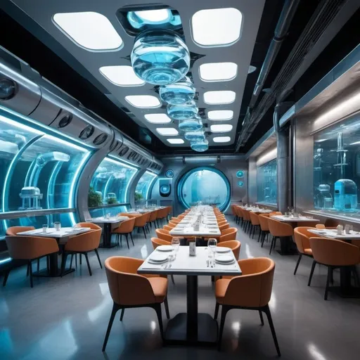 Prompt: futuristic restaurant with robots and water recycle system
