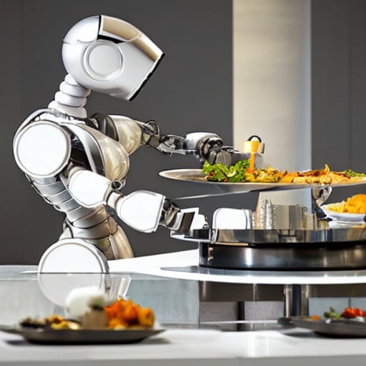 Prompt: robot serving dinner, metallic textures, futuristic atmosphere, high-tech kitchen, elegant plating, intricate details, high quality, misc-architectural style, warm and inviting lighting