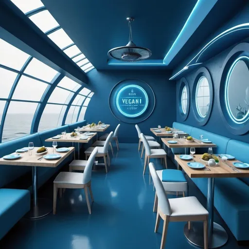 Prompt: futuristic restaurant menu sample blue colors vegan bio fish 