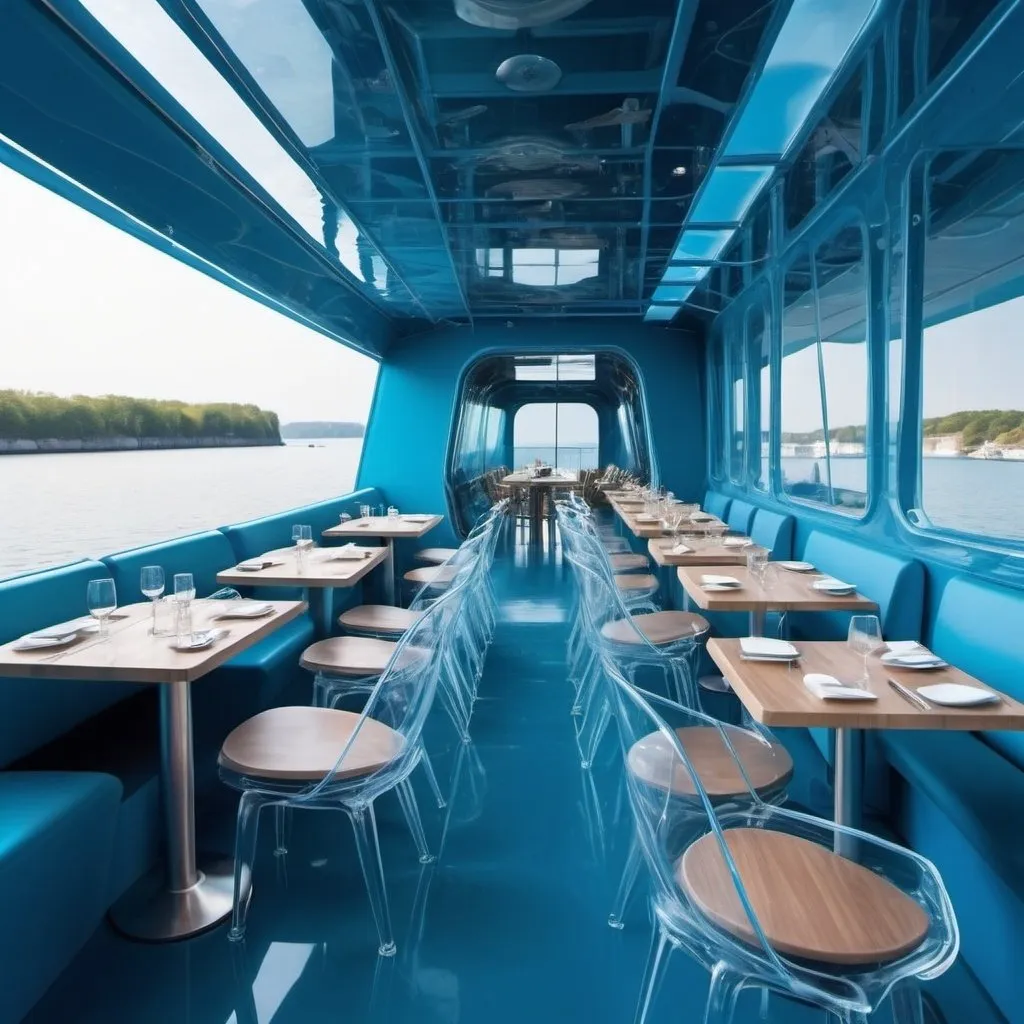 Prompt: futuristic restaurant on the water boat access blue walls transparent chairs eco friendly  