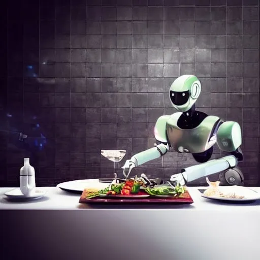 Prompt: robot serving dinner, metallic textures, futuristic atmosphere, high-tech kitchen, elegant plating, intricate details, high quality, misc-architectural style, warm and inviting lighting