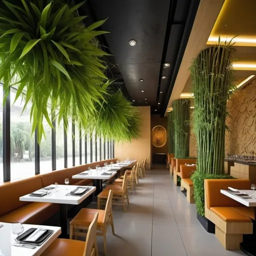 Prompt: futuristic restaurant  interior plants and bamboo trees decorations