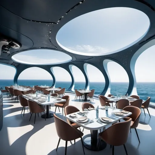 Prompt: futuristic restaurant with a futuristic shape, located on the ocean or the sea  