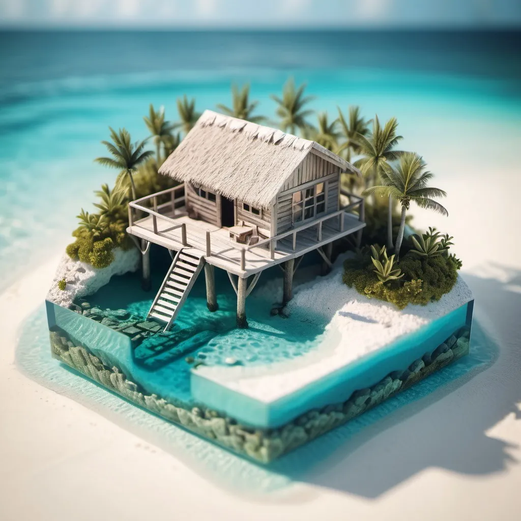 Prompt: miniature isometric world render, a hut surrounded by clear water, bahamas, on a table