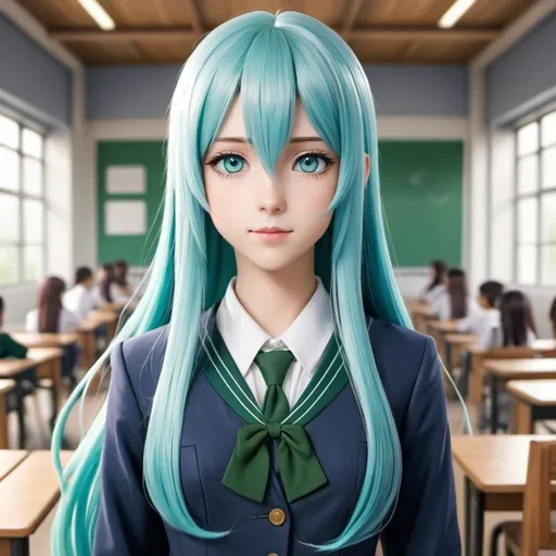 Prompt: Make a beautiful,realistic anime girl with straight long blue hair, green eyes wearing a school dress in a school background 