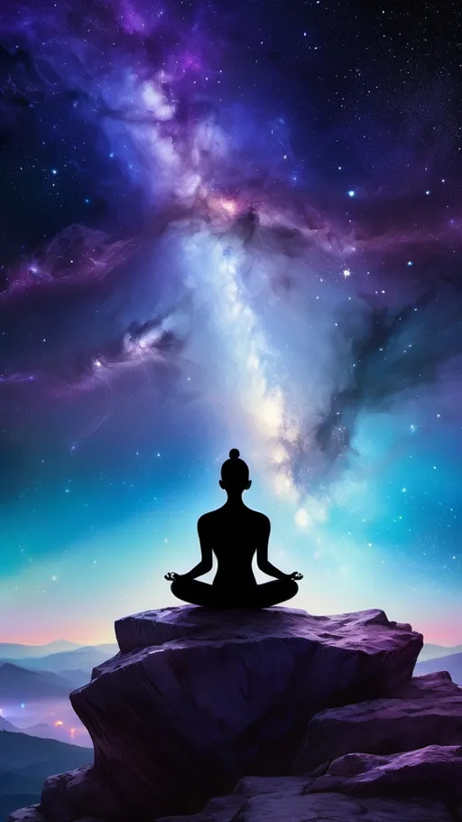 Prompt: In a serene atmosphere, depict a meditating figure seated cross-legged on a rocky outcrop beneath a sprawling night sky. The figure's eyes are gently closed, and a tranquil expression graces their face, reflecting a deep connection with the universe. From their chest radiates a mesmerizing galaxy, swirling with vibrant cosmic colors—deep purples, blues, and shimmering golds—while bright stars flow outward in a graceful cascade, illuminating the dark surroundings. Ethereal wisps of stardust twirl in the cool night breeze, enhancing the surreal realism of the scene. Wispy clouds drift lazily across the sky, partially revealing a glowing moon, casting a soft, dreamy light upon the meditator. This enchanting moment captures the harmony between the individual and the cosmos, evoking a sense of peace and wonder, perfect for a surreal realism art style.
