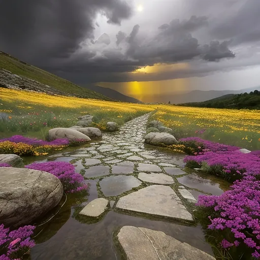 Prompt: Visualize a rugged, ancient stone road, its weathered surface fractured and worn, through which vibrant wildflowers burst forth defiantly, their petals painted in lively shades of purple, yellow, and orange. Light rain drizzles down, creating small puddles that reflect the broken clouds above, which swirl dramatically in deep grays and blues, hinting at a recent storm. As the clouds begin to part, a soft, golden light seeps through, illuminating the wildflowers and the textured stones with a warm, ethereal glow. This delicate interplay of light and color creates a serene yet powerful moment. The atmosphere is both hopeful and contemplative, embodying resilience in nature. Imagine this scene as a cinematic artwork, bringing forth a sense of tranquility amidst the dramatic weather.