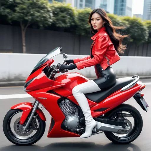 Prompt: beautiful asian supermodel in bright red jacket, black bodysuit, white heeled boots riding a motorbike with white male driving it.