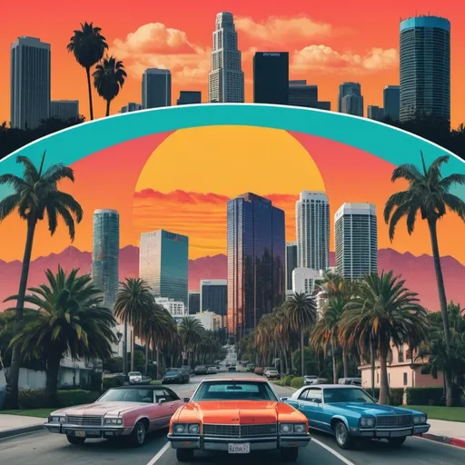 Prompt: (vibrant collage) cover for a West Coast - East Coast rap playlist, showcasing iconic landmarks of (Los Angeles) and (Miami) intertwined, featuring classic imagery of legendary 90s and 2000s rappers in dynamic poses, strong colors like sunset oranges and ocean blues, urban elements like graffiti and palm trees, (high-quality, 4K ultra-detailed) design, capturing the essence of rap culture and rivalry.