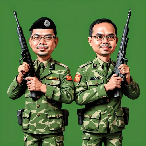 Prompt: a caricature of two men in military uniforms with guns in their hands and a green camouflage background, Basuki Abdullah, lyco art, cartoon, a digital rendering