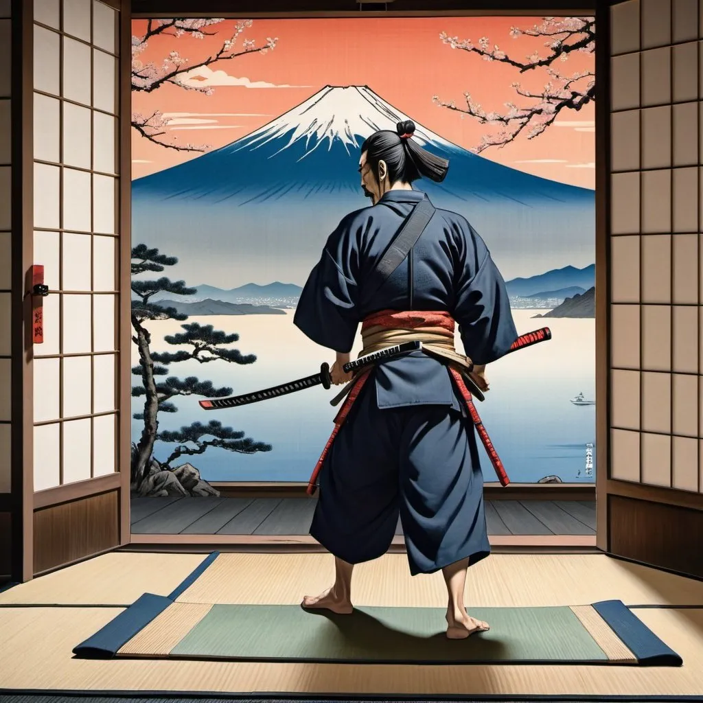 Prompt: ukiyo-e painting, samurai with a katana defending home on a tatami mat shoji doors open to harbour, mount fuji in the background at dawn, hyperrealistic
