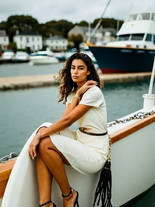 Prompt: a model wearing chic clothes and a boat behind her in the bay