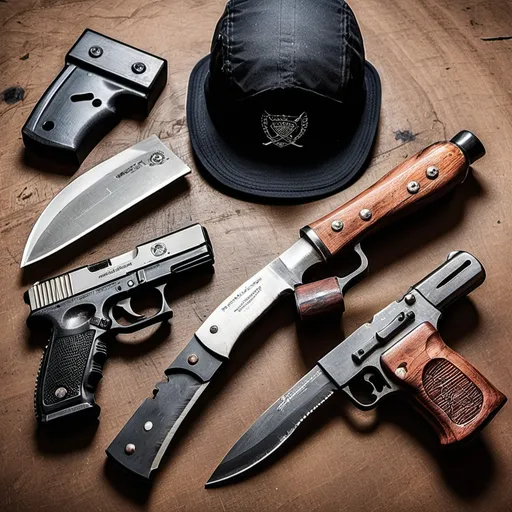 Prompt: hatchet, knife, pistol, "Train with the Experts"

