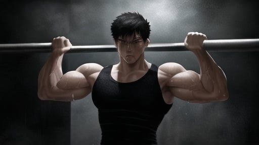 Prompt: Gym bro lifting heavy in emotional darkness, anime style digital art, dramatic lighting, intense expression, sweat glistening, muscular physique, emotional atmosphere, high quality, realistic, dramatic lighting, emotional, intense, weightlifting, muscular, dark tones