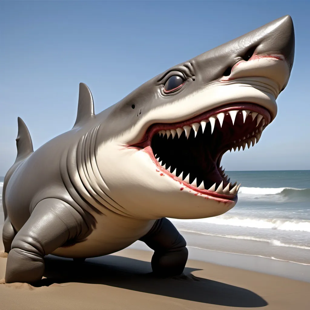 Prompt: shark  face in rhinos with muscle es as a monster on top the seashore 