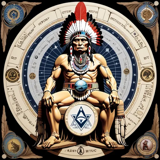 Prompt: chief sitting bull half robotic with an ape holding Saturn and swinging past and masonic imagery