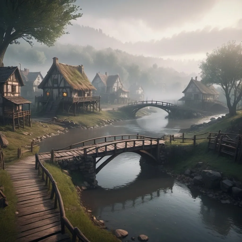 Prompt: small settlement, foggy, bridge and river, dramatic fantasy settlement scene, cinematic lighting