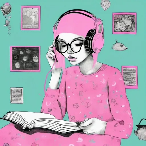 Prompt: pfp of a girl wearing pink headsets and and reading a book lofi style

