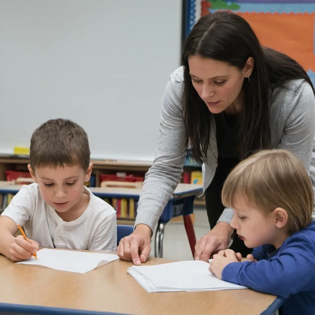 Prompt: Two childs are sitting in front of a table and a teacher is showing them something on a piece of paper thats in front of them